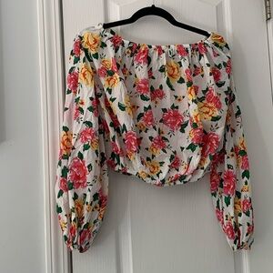 Olivaceous Romantic Floral Balloon‎ Sleeve Crop Blouse Top off the shoulders M